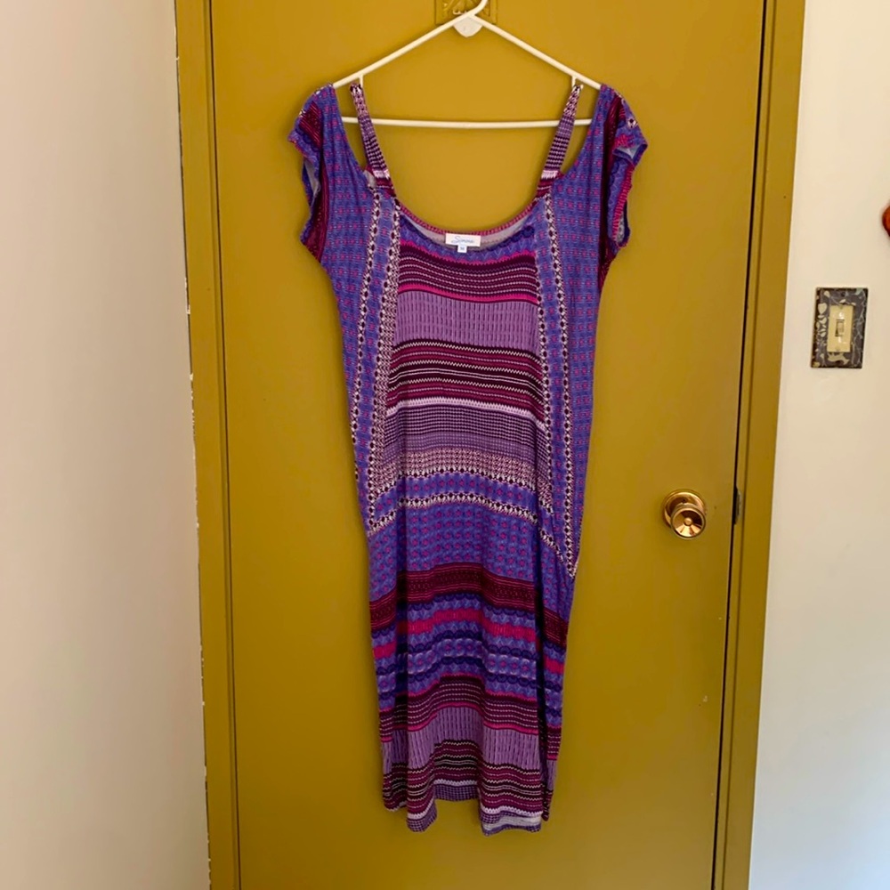 Simone Summer dress size M purple and pink shades with white, falls to mid shin